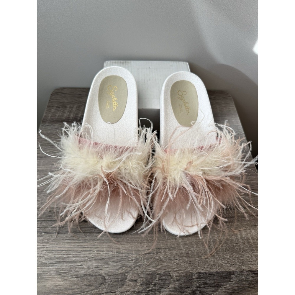 Seychelles In Your Cap Slide Sandal Sz 7 Blush Pink & White Feathers Open Toe